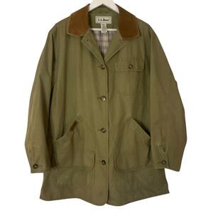 L.L. Bean Vintage Chore Barn Jacket leather collar size large Olive green RARE